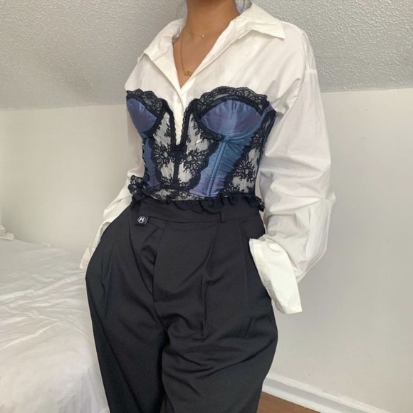 Shirley of Hollywood Other - Vintage lace up corset black trim navy ruffle satin bustier top appliqué straps